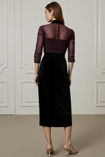 Dark Purple High Neck Sheath Illusion Neck Work Dress